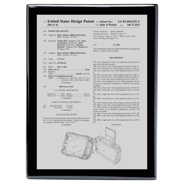 USA Design Patent Plaque - Front Page Silver on Black Piano (A6182) Patent Plaque Quest Awards - Patent Plaque