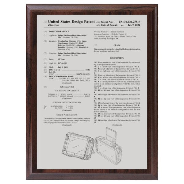 USA Design Patent Plaque - Front Page Silver on Cherrywood (A6184) Patent Plaque Quest Awards - Patent Plaque