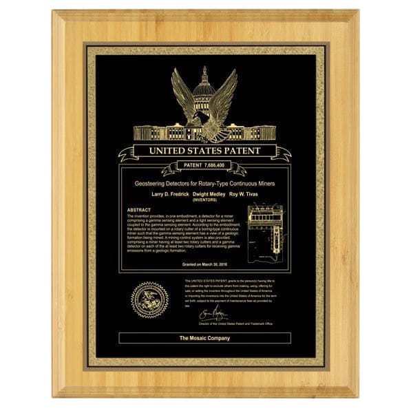 USA Patent Plaque - Bamboo Square Edge (A3153) Patent Plaque Quest Awards - Patent Plaque